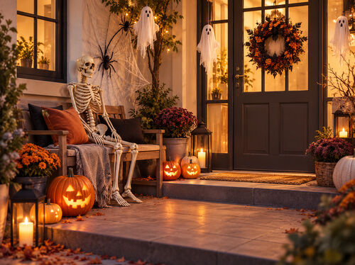 Halloweenpyntad veranda med lysande pumpor, ett skelett p&aring; en b&auml;nk, h&auml;ngande sp&ouml;ken, spindeln&auml;t och varma festliga ljus.