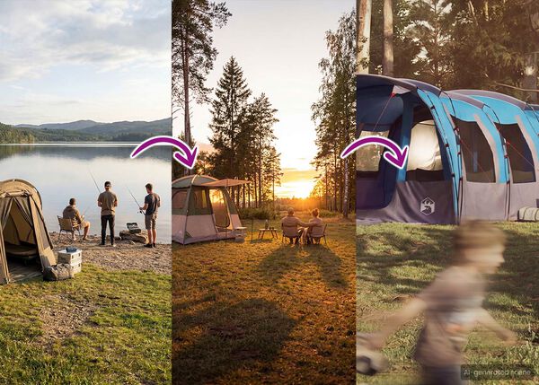 Delad banner som visar en utveckling av campingupplevelser. Till v&auml;nster fiskar och kopplar tre personer av vid ett litet t&auml;lt vid en sj&ouml; i solnedg&aring;ngen. I mitten sitter tv&aring; personer vid ett bord med ett st&ouml;rre bl&aring;tt och gr&aring;tt t&auml;lt bakom sig, ocks&aring; i solnedg&aring;ngen. Till h&ouml;ger syns en suddig vy av en st&ouml;rre t&auml;ltliknande struktur. Pilar visar en &ouml;verg&aring;ng mellan scenerna och antyder en uppgradering av friluftsupplevelsen.