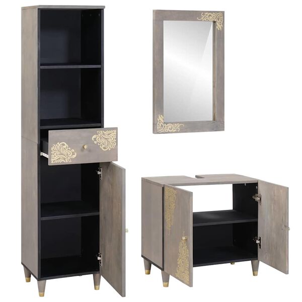 vidaXL Badrumsskåpsset med låda med lagring 3 pcs Grå Massivt mangoträ