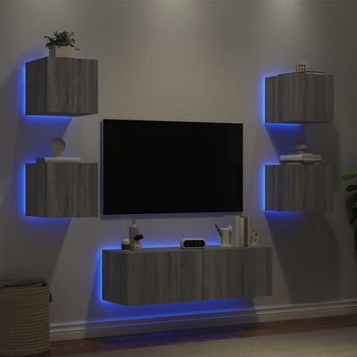 vidaXL Väggmonterade tv-skåp 5 delar med LEDs grå sonoma