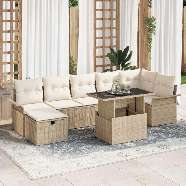 vidaXL Tr&auml;dg&aring;rdsoffset med kudde med lagring 8 pcs Beige Poly rattan