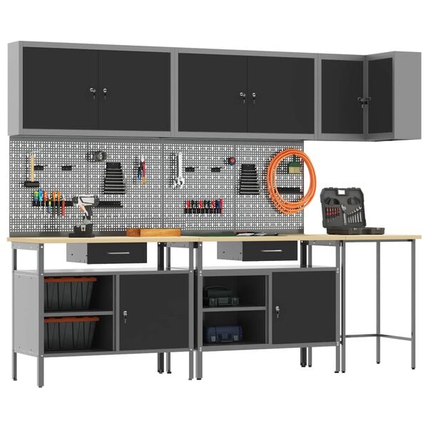 vidaXL Arbetskabinett Set med l&aring;da med hylla 10 pcs Svart och Gr&aring;