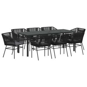 vidaXL Tr&auml;dg&aring;rdsm&ouml;belset med kudde 9 pcs Svart Pulverlackerat st&aring;l