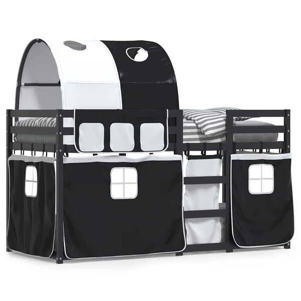 vidaXL Loftsäng med gardiner vit&svart 90x190 cm massiv furu