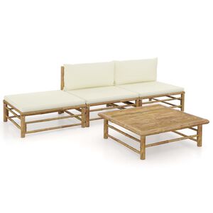 vidaXL Loungegrupp f&ouml;r tr&auml;dg&aring;rden med gr&auml;ddvita dynor 4 delar bambu