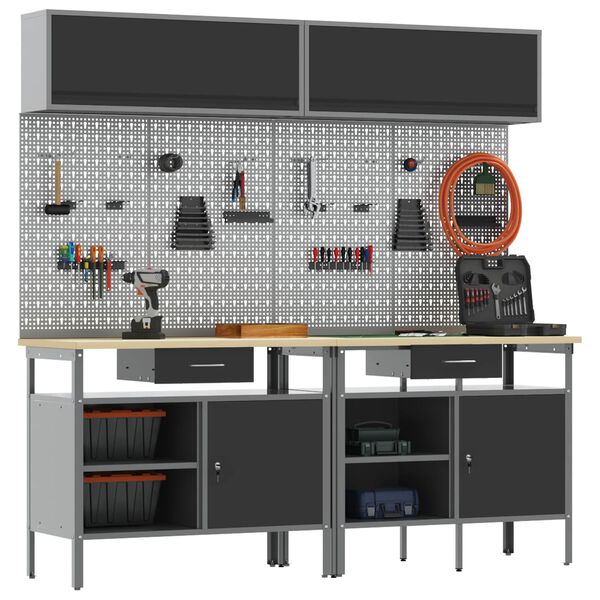 vidaXL Arbetsb&auml;nkset med l&aring;da 8 pcs Svart och Gr&aring; Pulverlackerat st&aring;l