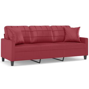 vidaXL 3-sitssoffa med prydnadskuddar vinr&ouml;d 180 cm konstl&auml;der