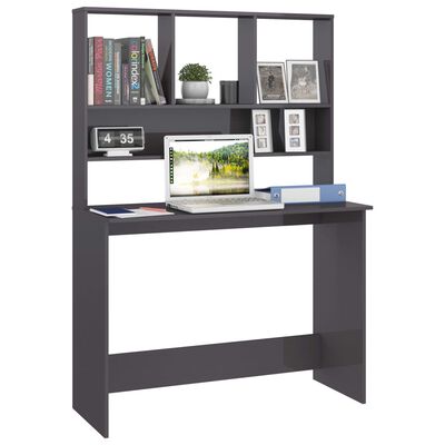 vidaXL Skrivbord med hyllor grå högglans 110x45x157 cm konstruerat trä
