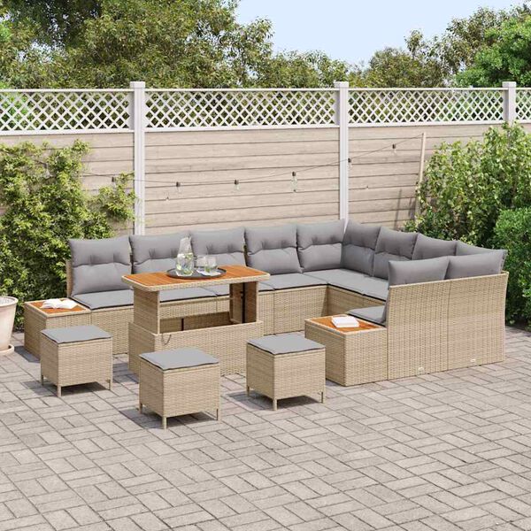 vidaXL Tr&auml;dg&aring;rdsoffset med kudde med lagring 13 pcs Beige Poly rattan
