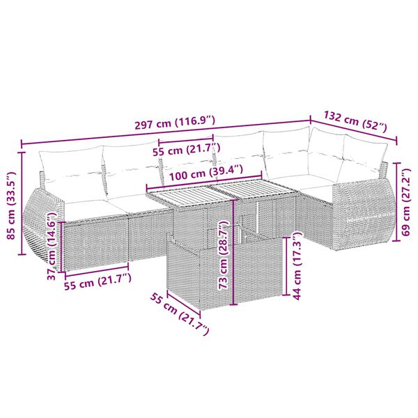 vidaXL Matgrupp f&ouml;r tr&auml;dg&aring;rden med dynor 7 delar beige konstrotting