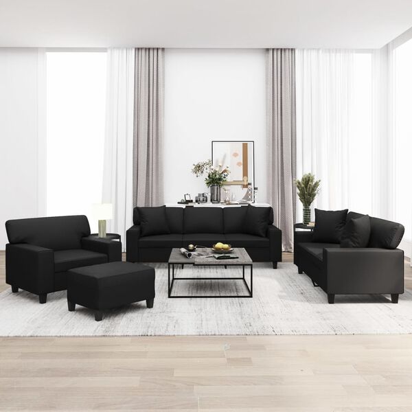 vidaXL Soffgrupp med kuddar&dynor 4 delar svart konstl&auml;der