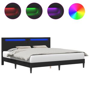 vidaXL S&auml;ngram med LED-ljusslingor Svart 180 x 200 cm Konstl&auml;der