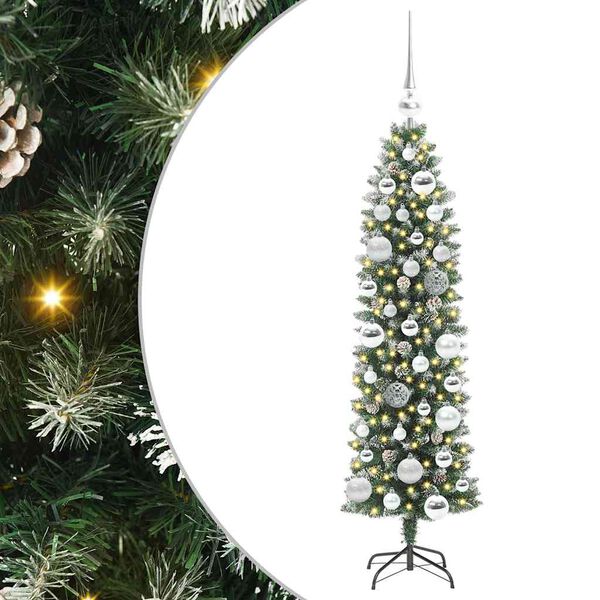 vidaXL Konstgjort smalt julträd med 150 LED-lampor Grön och vit 120 cm