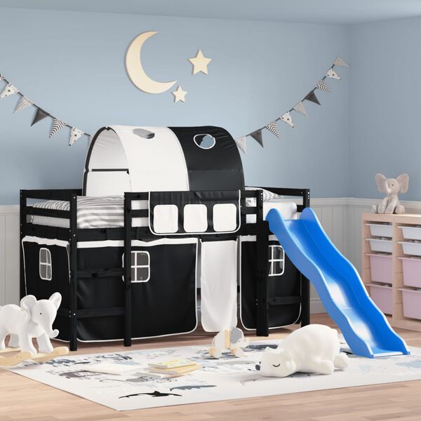 vidaXL Loftsäng med tunnel vit&svart 80x200 cm massiv furu