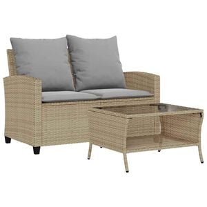 vidaXL Tr&auml;dg&aring;rdssoffa 2-sits med dynor och bord beige konstrotting