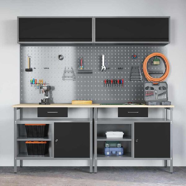 vidaXL Arbetsbänkset med låda med hylla med lagring med lås Svart Stål