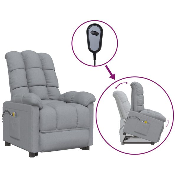 vidaXL Massagefåtölj med uppresningshjälp ljusgrå tyg