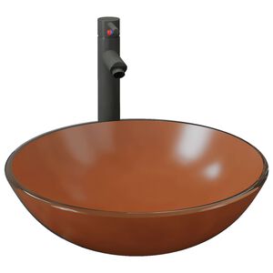 vidaXL Handfat med kran och tryckavlopp brunt h&auml;rdat glas