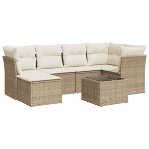 vidaXL Matgrupp f&ouml;r tr&auml;dg&aring;rden med dynor 7 delar beige konstrotting