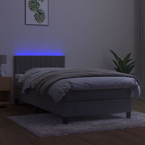 vidaXL Resårsäng med madrass och LED ljusgrå 90x200 cm sammet