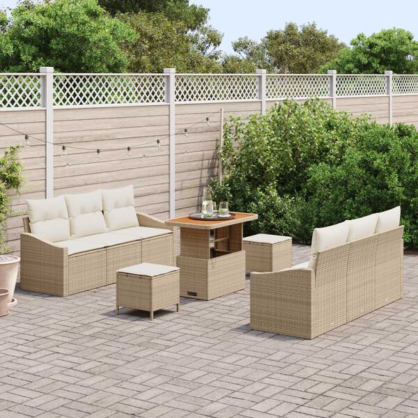 vidaXL Tr&auml;dg&aring;rdsoffset med kudde 9 pcs Beige Poly rattan