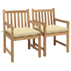 vidaXL Tr&auml;dg&aring;rdsstolar 2 st med gr&auml;ddvita dynor massiv teak