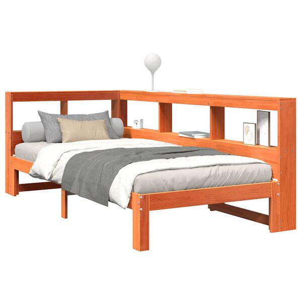 vidaXL S&auml;ng med bokhylla utan madrass vaxbrun 100x200 cm massiv furu