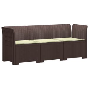 vidaXL 3-sits tr&auml;dg&aring;rdsoffa med kuddar Rattan-look PP Brun