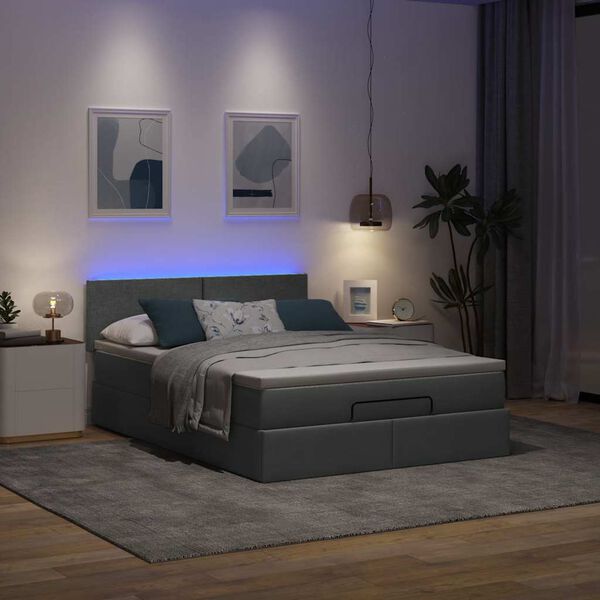 vidaXL Ottoman säng med madrass och LED-lampor mörkgrå 140x190 cm tyg