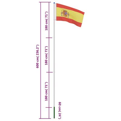 vidaXL Spaniens flagga och flaggstång i aluminium 6 m