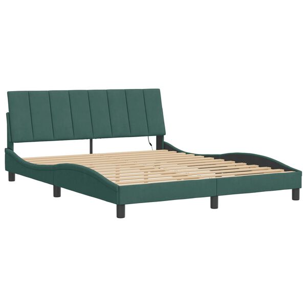 vidaXL Bed Frame with LED without Mattress "Hanko" Dark Green 160x200 cm Velvet