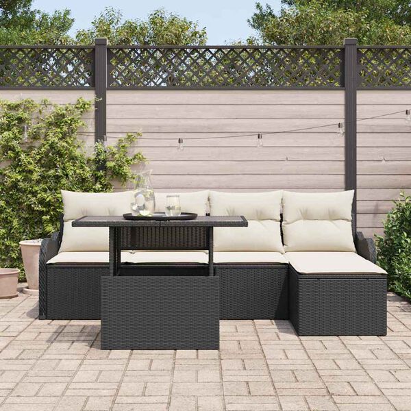 vidaXL Tr&auml;dg&aring;rdsoffset med kudde 6 pcs Svart Polyrattan