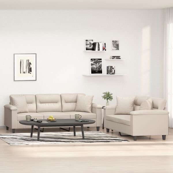 vidaXL Soffgrupp med kuddar 2 delar Gräddvit mikrofibertyg