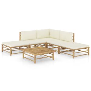 vidaXL Loungegrupp f&ouml;r tr&auml;dg&aring;rden med gr&auml;ddvita dynor 6 delar bambu