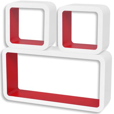 3 Flytande DVD/bokhylla förvaring i MDF kubform vit/röd