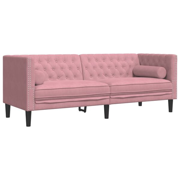 vidaXL Soffgrupp chesterfield 3 delar bolsterkuddar rosa sammet