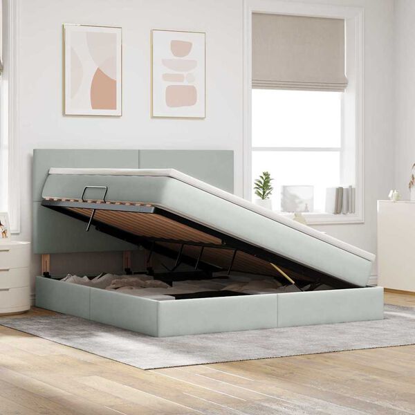 vidaXL F&ouml;rvaringss&auml;ng med LED med madrass Ljusgr&aring; 160 x 200 cm Sammet