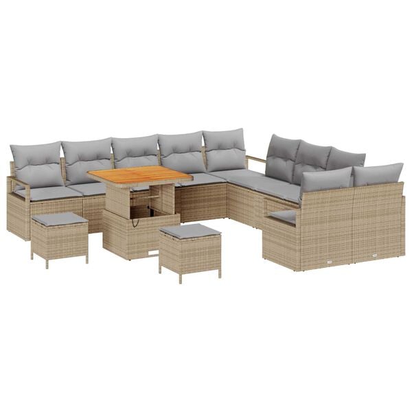 vidaXL Tr&auml;dg&aring;rdsoffset med kudde 13 pcs Beige Poly rattan