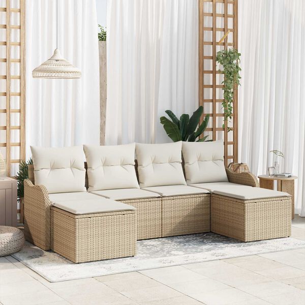 vidaXL Tr&auml;dg&aring;rdsoffset med kudde 6 pcs Beige Poly rattan