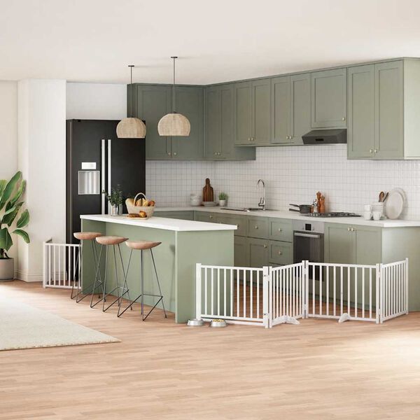 vidaXL Hundgrind med d&ouml;rr vikbar 8 paneler vit 640 cm poppel