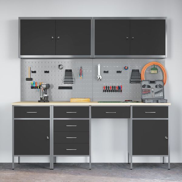 vidaXL Arbetsbänk med låda med lås 10 pcs Svart 200 x 55 x 200 cm Stål