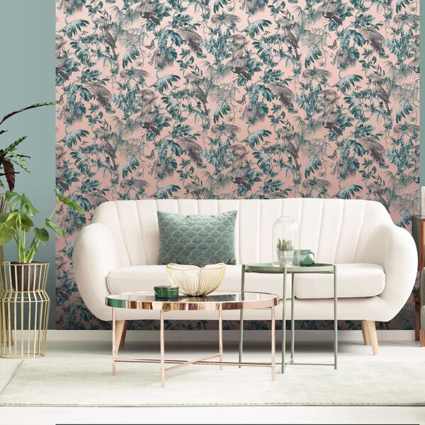 DUTCH WALLCOVERINGS Tapet blad och f&aring;glar gr&ouml;n och rosa