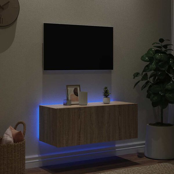 vidaXL Väggmonterad tv-bänk LED sonoma-ek 80x35x31 cm