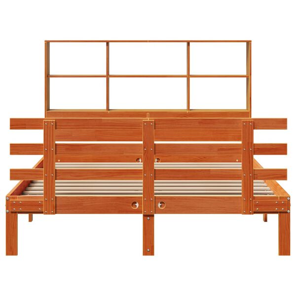 vidaXL S&auml;ng med bokhylla utan madrass vaxbrun 140x190cm massiv furu