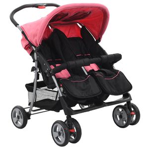 vidaXL Tvillingvagn rosa och svart st&aring;l