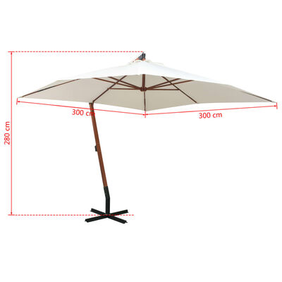 vidaXL Hängande parasoll 300x300 cm trästång vit