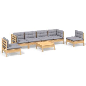 vidaXL Loungegrupp med gr&aring; dynor 7 delar massiv furu