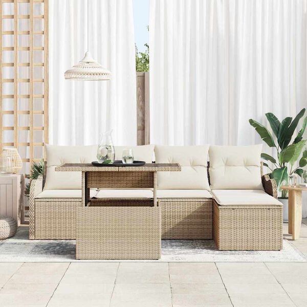 vidaXL Tr&auml;dg&aring;rdsoffset med kudde 6 pcs Beige Polyrattan