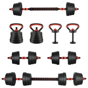 vidaXL 4-i-1 hantel, st&aring;ng och kettlebell-set 20 kg Svart och R&ouml;d