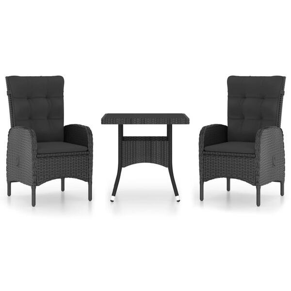 vidaXL Matgrupp för trädgården 3 delar konstrotting och glas svart